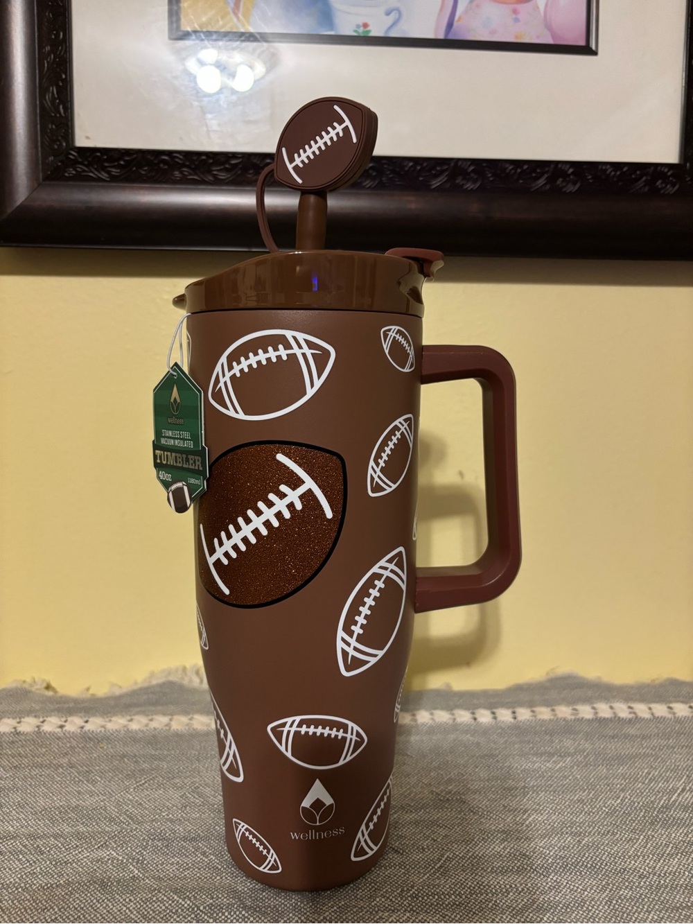 Wellness Brown Football-Print Travel Tumbler with Handle